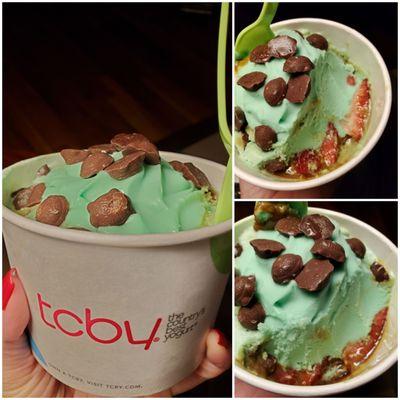 National Frozen Yogurt day 2021 ~ BoGo! TLo's mix = Pistachio w/fresh Strawberries & Caramel layed in-between + mini Caramel turtles atop!