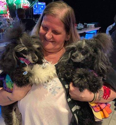 Cari (owner/groomer ) & her 2 poodles Mari & SissCee.