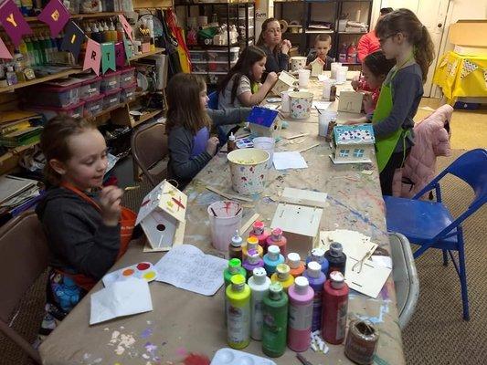 Kids birthday party, art party, paint your own birdhouse, paint party