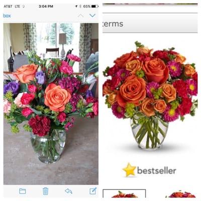 Photo of what I ordered from wishing well florist and what was delivered. (Read full review.) Very disappointed.