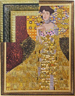 Klimt's "A Woman in Gold" painting reframed in 3 triple stacked frames - swirls, metallic gold leaf with venetian lace.