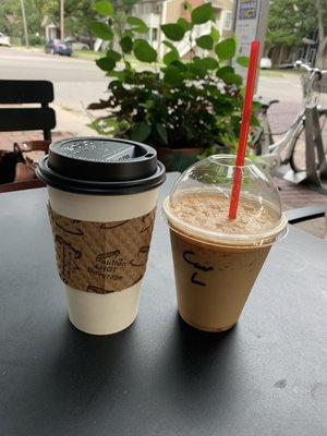 Regular latte and iced caramel latte