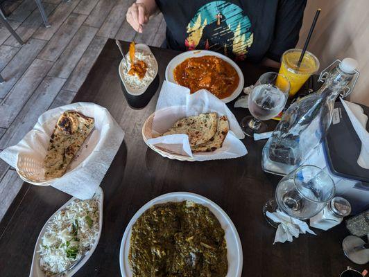 Butter Chicken, Garlic Naan, Basmati, Mango Lassi, Saag Paneer. Delicious!