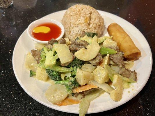 Green curry beef lunch with fried rice & egg roll.