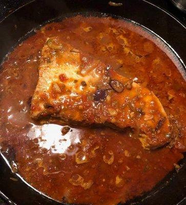 Swordfish made with Secrets in the kitchen marinara sauce