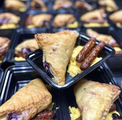 In house Blueberry Turnovers scrambled eggs and sausages