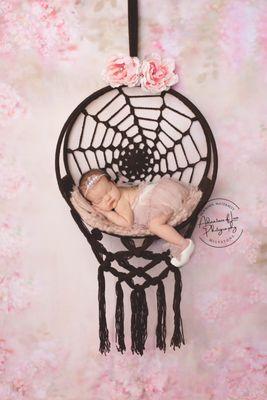 Newborn Baby Girl Photo Prop Photo in Ballerina Outfit in Dream Catcher Swing