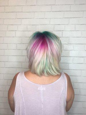 Rainbow hair, rainbow colors, fashion colors, bleach touch up