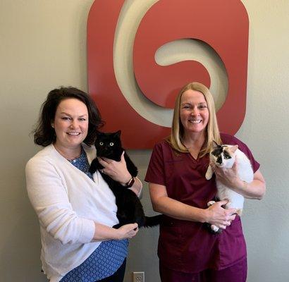 Dr. Kurucz and Dr. Rust with two of our office cats, Toothless and Poppy