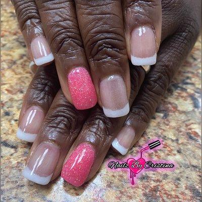 French Dip Nails with pink glitter accent