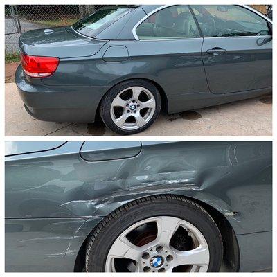 Quarterpanel repair 450$. This damage was repaired and painted with a 2 day drop off.