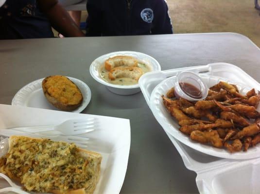 Fried crab claws, crab soup, seafood melt and a crab and shrimp stuffed potato