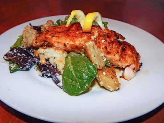 Salmon Caesar Salad Topped with Homemade Sourdough Croutons!