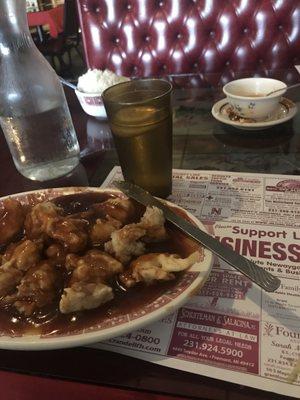 Honey chicken, white rice, water, sauce for the egg roll.