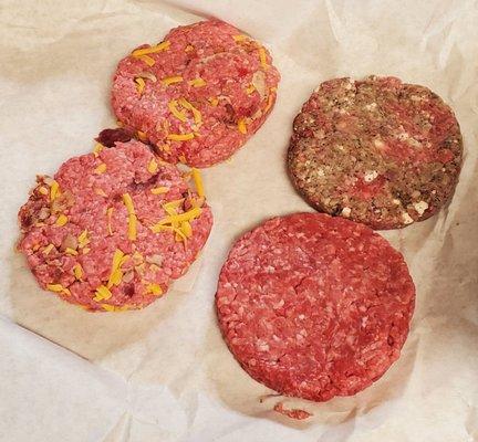 Burgers!  A Sirloin Burger a Sirloin and Blue Cheese Burger and Cheddar and Bacon burgers. Fresh made!