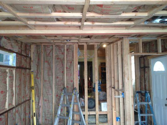 Reframing of backroom on house to make it livable