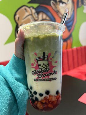 Strawberry Matcha with boba