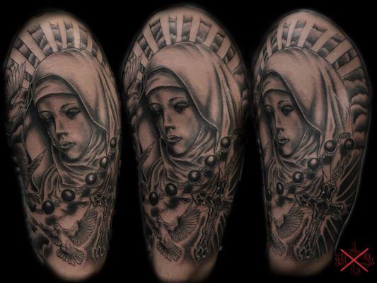 Lady de Guadalupe with rosary, cross, dove and clouds with rays Tattoo by Jayse... wed-sat