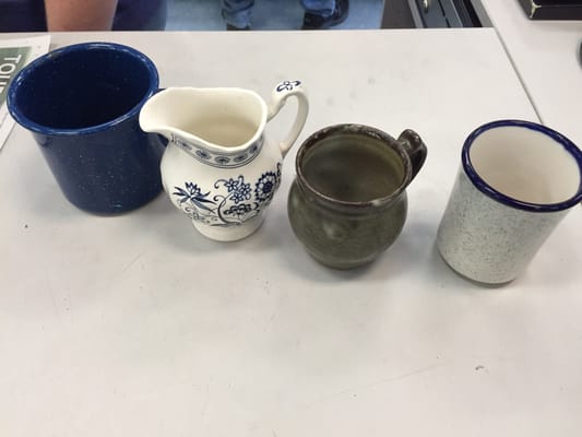 Awesome score! Creamer matches vintage dishes inherited. Antique metal coffee mug. And 2 mismatched for the collection.