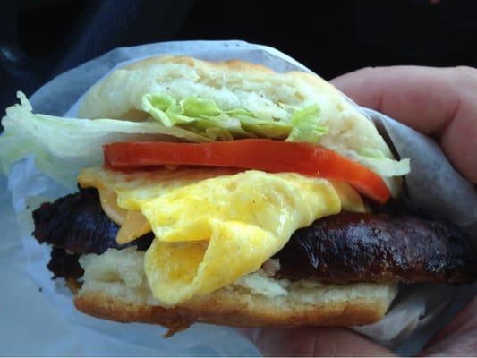 Smoked sausage breakfast biscuit.