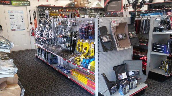 Our parts include: hitches, balls/ball mounts, tires, brake controllers, lighting and electrical parts, jacks, tool boxes, floor mats, etc.