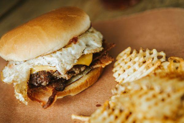 Breakfast burger and waffle fries