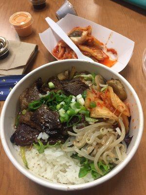 Japchae with Galbi (Kalbi). Includes rice, bean sprouts, salad and kimchee. Extra kimchee on the side.