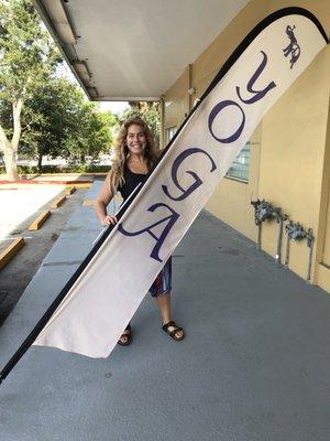 Jebbie with her yoga sign!