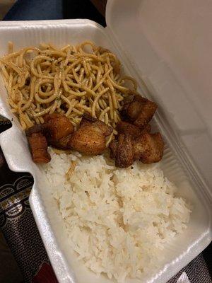 MUST TRY !!! pork belly with garlic noodles and rice  I could eat this and the spicy garlic jerky all day !!!