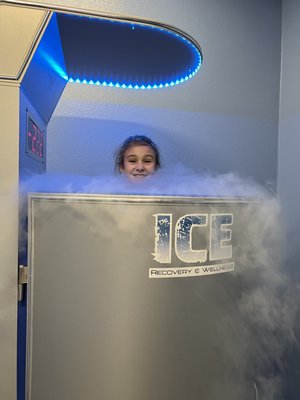 Here is 9-year old Taylor, who is an avid horseback rider, doing cryo machine. She also loves the normatec.