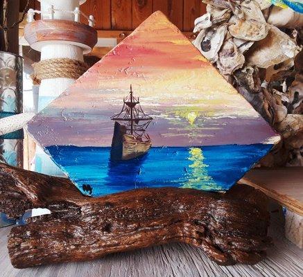 Hand painted tile on polished driftwood