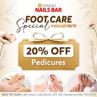 20% OFF Pedicures at Origami Nails!