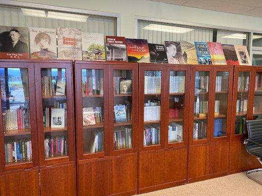 Company bookshelf, including books published by the company