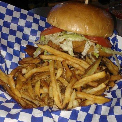 Bleu Cheese Bacon Burger with onion rings