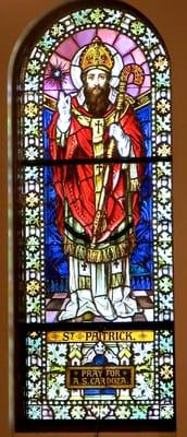 Stained glass window dated about 1926 depicting St. Patrick, designed and fabricated by Franz Mayer of Munich, Germany.