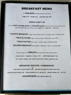 Breakfast menu