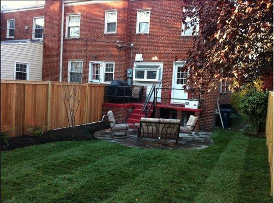 Cedar Privacy Fence, Pattern Flagstone Patio on BSD, Concrete Parking Pad (not shown), Sod, Plantings