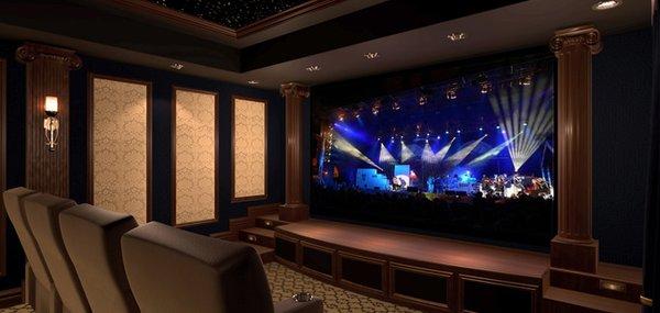 Elite Custom Audio Video designed and installed this entire home cinema including the acoustic panels and the stage theater look!