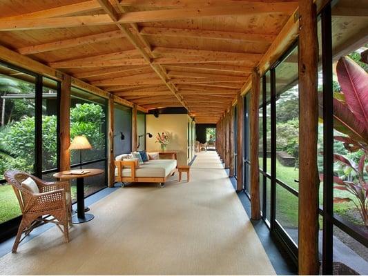 Screened Lanai with Colonnade of Native Ohia Tree Trunks