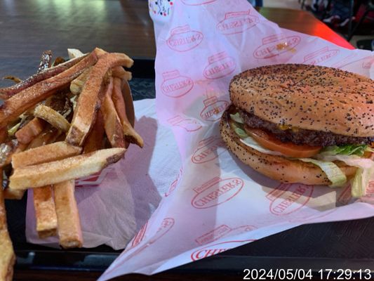 Fresh hand cut (skin on) fries.. alongside a poppy seed cheeseburger ... yummy