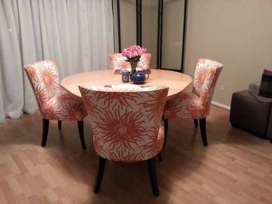 Custom upholstery of the dining chairs