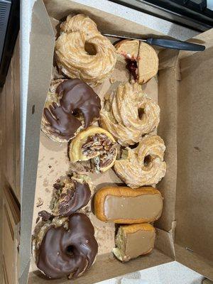 Glazed & Chocolate French Crullers, PB&J, Maple Bars and a Pecan Bun