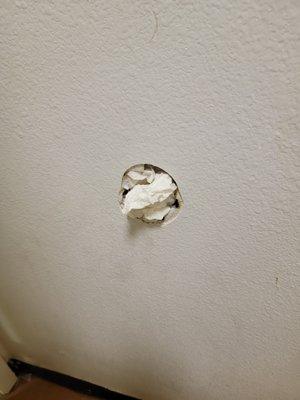 Hole behind bathroom door stuffed with toilet paper