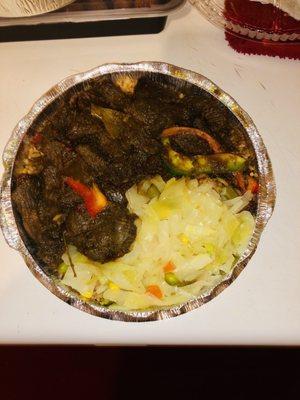 Peppa Steak, Cabbage w. Rice & Peas