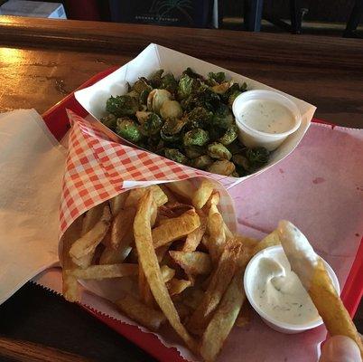 The pomme frites, Brussels sprouts, and dipping sauce (all shown) are vegan and super tasty.