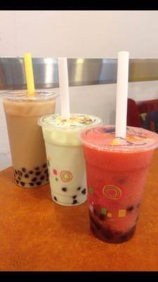 Jasmine Milk Tea, Honeydew Milk Tea and Strawberry Slush