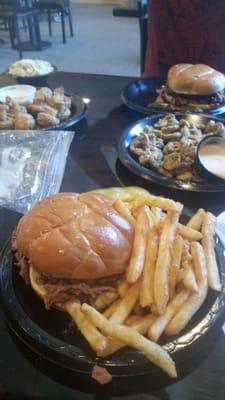 Bbq sandwich, jalapeno rings, fried mushrooms, brisket sandwich.