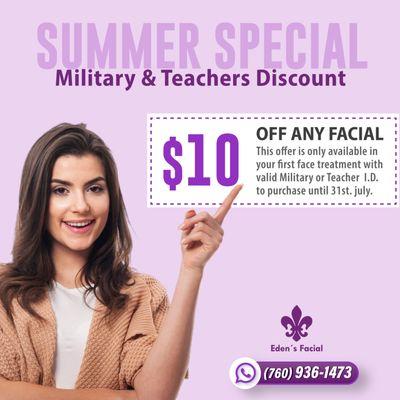 Military & Teachers Discount.
This offer is only available in your first face treatment with valid ID