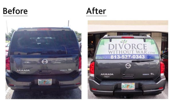 Vehicle window with perforated vinyl...Before and After.  Designed, produced and installed by FASTSIGNS Tampa - Carrollwood