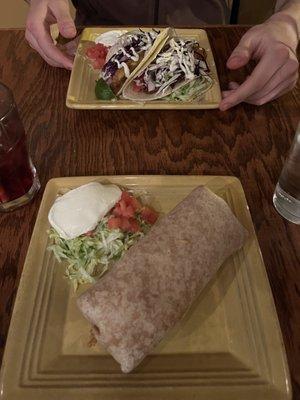 Fish tacos (top) and tilapia burrito (bottom)